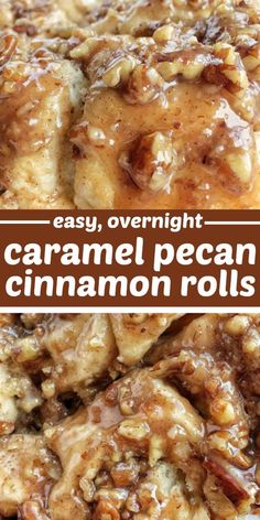 caramel pecan cinnamon rolls with text overlay