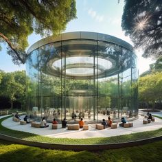 people sitting on benches in front of a circular glass building with trees and grass around it