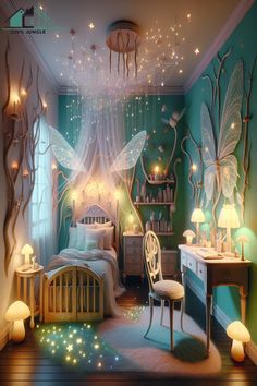 a bedroom with fairy lights hanging from the ceiling