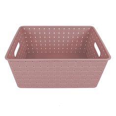 a pink plastic basket with holes on the sides and bottom, in front of a white background