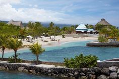 the beach is surrounded by palm trees and houses