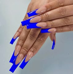 Blue Nail Set Ideas, Nude Nail Designs, French Tip Acrylic Nails, Blue French, Exotic Nails, Long Acrylic