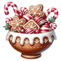 a bowl filled with lots of cookies and candy canes