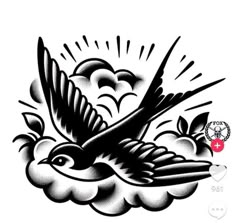 a black and white drawing of a bird flying in the sky