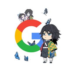 an anime character standing in front of the google logo with butterflies flying around him and two other characters