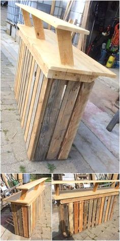 several different pictures of wooden benches made out of pallets