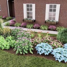 a garden with various plants and flowers in front of a brick building on the grass