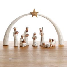 White Arch Tabletop Nativity Set House Arrangement, Ceramics Christmas, Wooden Nativity Sets, Nativity Scene Sets, Carved Wooden Birds, Santa Carving, Christmas Nativity Set, Traditional Christmas Decorations, Batik Art