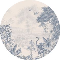 an image of a painting with birds and plants in the foreground, on a white background