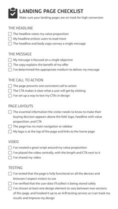 a checklist with the words landing page checklist written in black and white on it