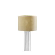 a white table lamp with a beige shade on the top and bottom part of it