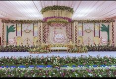 Bhajan Sandhya Decoration, Naming Ceremony Decorations Indian, Yogi Wedding, Seemantha Decoration, Grand Wedding Stage Decorations, Flex Backdrop, Pichwai Designs