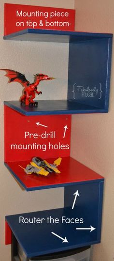 the shelves are painted red, white and blue with arrows pointing to different places on top and bottom