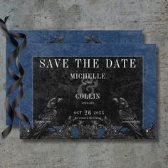 save the date card with two birds on it and ribbon tied around it, sitting on a concrete surface