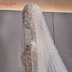 a wedding veil with white pearls on it