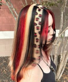 skunk hair black blonde red leopard hair chunky calico hair Tiger Hair, Cheetah Hair, Hair Stripes, Leopard Print Hair, Hair Inspiration Long