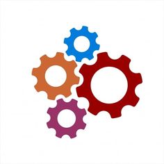 three different colored gears on a white background