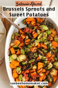 a white bowl filled with brussel sprouts and sweet potatoes