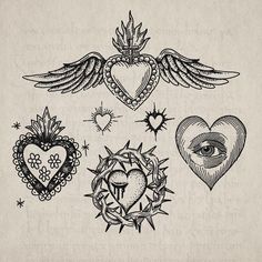 an old school tattoo design with hearts and wings