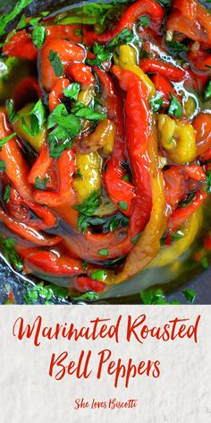 an image of red and yellow peppers in a pan with the words, illuminated kersted bell peppers