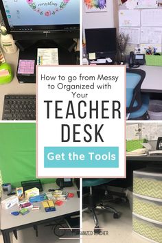 there are pictures of desks with the words must have products to organize your teacher desk see the list