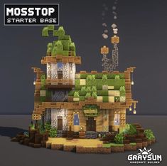 an image of a house made out of lego blocks with moss growing on the roof