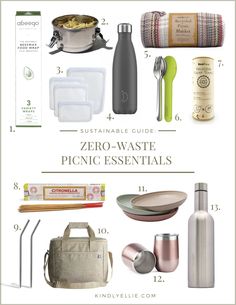 the zero waste picnic essentials list is full of items to pack up and eat