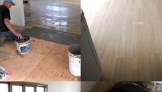 three pictures showing the process of painting wood floors