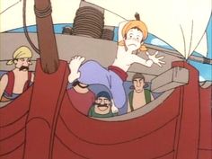 a cartoon character riding on the back of a boat with other people around him and one man holding his head up