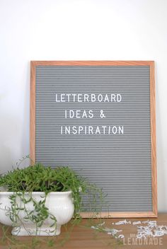 a potted plant sitting next to a sign that says letterboard ideas and inspiration