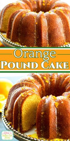 an orange pound cake on a plate with the words orange pound cake in front of it