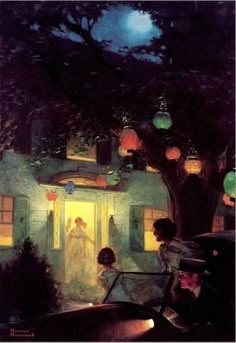 a painting of people sitting in a car at night with lanterns hanging from the tree