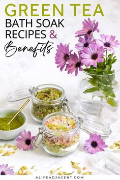 Green tea bath soak in mason jars in a decorative scene with pink flowers and a bowl of matcha. Text overlay: green tea bath soak recipes and benefits. Green Tea Bath Soak, Recipes With Matcha, Bath Tea Bags Diy, Tea Bath Soak