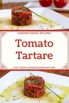 tomato tartare on a white plate with green garnish and tomatoes in the background