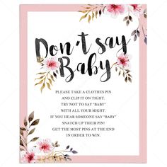 Dont say baby shower game for girls instructions table sign by LittleSizzle Don't Say Baby Game, Clothes Pin Games, Blush Pink Baby Shower, Dont Say Baby Game, Baby Sprinkle Invitations, Spring Bridal Shower, Sprinkle Invitations, Floral Signs, Pink Baby Shower Invitations