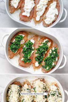 three different dishes with meat and cheese in them on the same plate, one has spinach