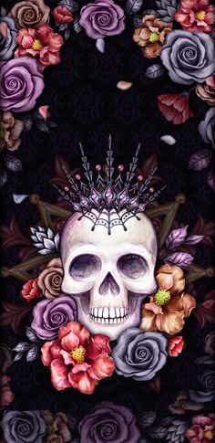 a painting of a skull with flowers on it's head and an ornate crown