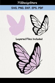 three butterflies with different shapes and sizes on them, one is pink and the other is black