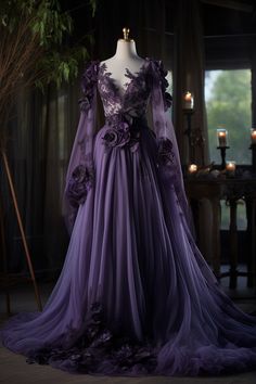 Lavender flower inspired gown Purple Fantasy Dress, Purple Ballgown, Amethyst Dress, Villain Dresses, Purple Ball Gown, Flower Gown, Epic Clothing, Purple Wedding Dress, Purple Gowns