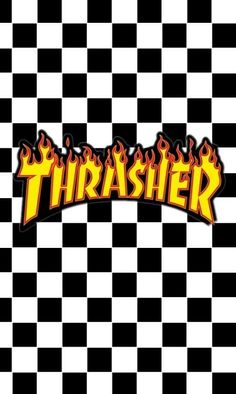 the word thrash on a checkered background with flames and black and white squares behind it