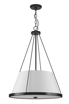 a chandelier with a white shade hanging from it's center point on an isolated metal frame