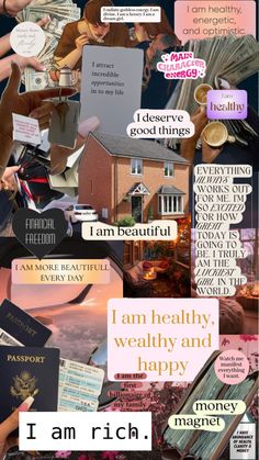 a collage of images with words and pictures on them that say i am rich