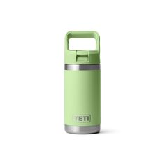 thermos bottle with handle is shown on a white background, it has a green lid