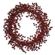 a wreath with red berries hanging from it's sides on a white background in the shape of a circle