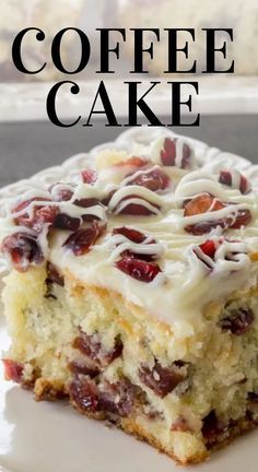 a close up of a piece of cake on a plate with the words coffee cake