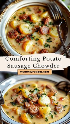 two bowls of soup with sausage and potatoes