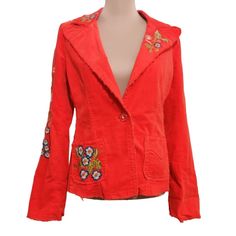 Elevate Your Wardrobe With This Striking Red Jacket From Johnny Was Jw Los Angeles. Crafted From A Comfortable Cotton Blend, It Features Vibrant Floral Embroidery, Making It An Eye-Catching Piece That Effortlessly Combines Style And Comfort. Embroidered Floral Design 97% Cotton, 3% Spandex Medium Size Single Button Closure Two Front Pockets Long Sleeves One Button Front Closure Red Corduroy Fabric Statement Jacket Raw Hem Detail Johnny Was, Country, Boho, Preppy, Embroidered, Floral, Corduroy, S Embroidered Long-sleeve Cotton Blazer, Embroidered Long Sleeve Cotton Blazer, Casual Embroidered Long Sleeve Blazer, Casual Red Embroidered Outerwear, Casual Embroidered Blazer With Long Sleeves, Embroidered Cotton Long Sleeve Blazer, Embroidered Cotton Blazer With Long Sleeves, Embroidered Red Outerwear For Spring, Casual Embroidered Blazer For Fall