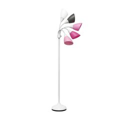 a pink and black flower lamp on a white base with three petals in the shape of flowers