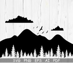 mountains and trees with birds flying in the sky svg file for cricut