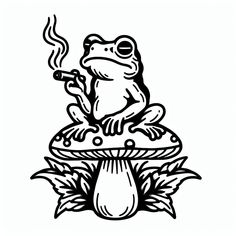 Black White American Traditional Tattoo, Mushroom Frog Tattoo, Frog Flash Tattoo, American Traditional Tattoos Black, Frog Tattoo Ideas, Tattoo Drawing Ideas, Traditional Tattoo Black And White, Traditional Tattoo Outline, Frosch Illustration